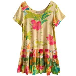 Jams World Hattie Dress Size Medium Lagoon Hawaiian Floral Short Sleeve Mini